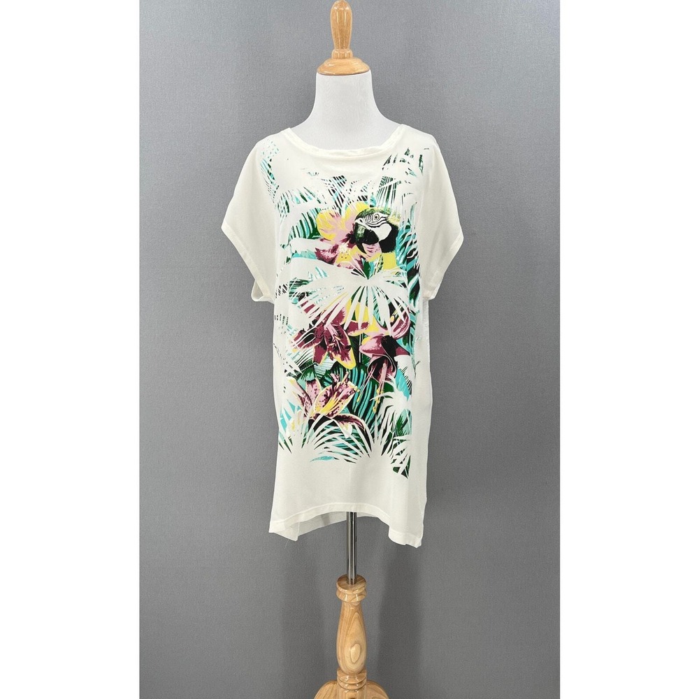 M MISSONI T Shirt Dress Large White Tropical Parrot Graphic Short Sleeve Tunic